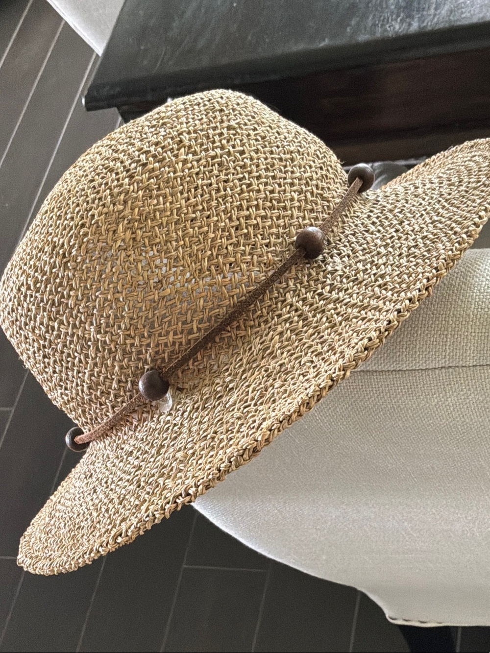 Straw Sun Hat with Brown Bead Trim - Women's Summer Accessory